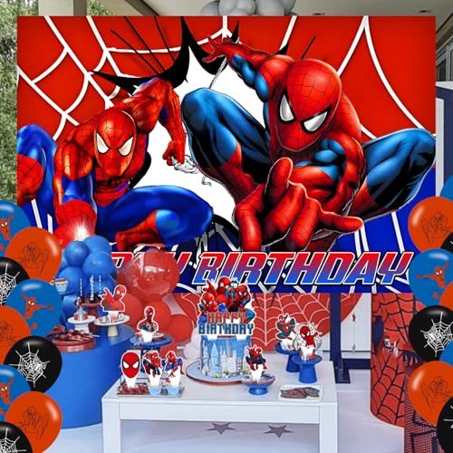 Spider Web Birthday Decorations Set with Balloons & Toppers for Kids Party