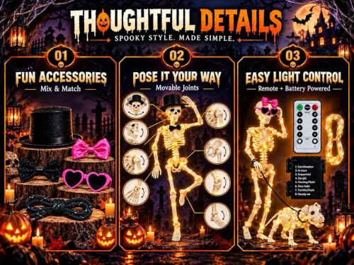Halloween Skeleton Decorations Set with 2 Life-Size Skeletons & Dog - Weather-Resistant, Fully Poseable, with Lighting Modes