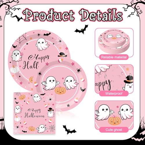 Pink Halloween Party Plates & Napkins Set for 48 Guests - Spooky Birthday Supplies