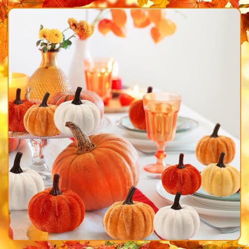 Fall Autumn Artificial Velvet Pumpkins Mini Faux Pumpkins Set - 16 Pieces - Color Variation of Fall Pumpkins
