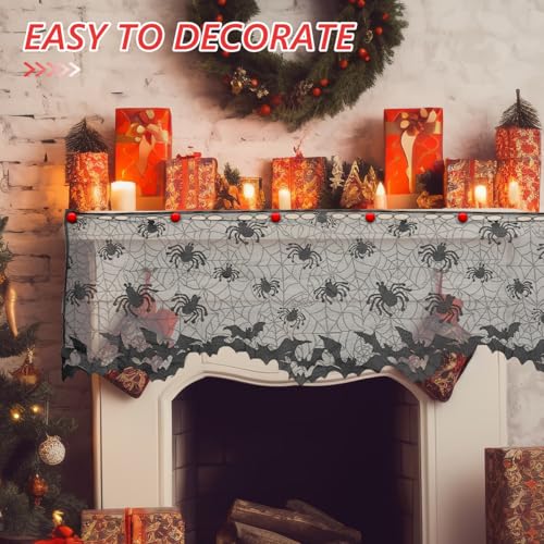 VALICLUD 4pcs Halloween Black Lace Window Curtain with Spider Web Bats - 60 Inch Decor