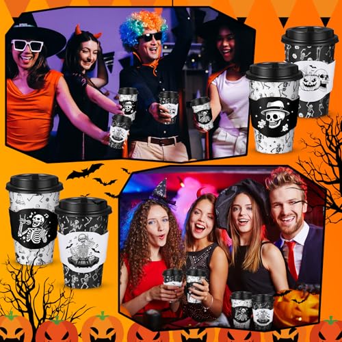 Halloween Disposable Coffee Cups with Skeleton Design - Black & White, 48 Pack - Skeleton Variation