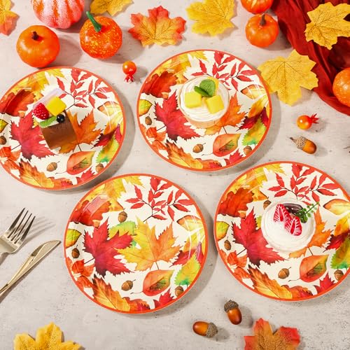 Fall Leaves Paper Plates - 7-Inch Thanksgiving Maple Leaf Dessert Plates - 24 Pack