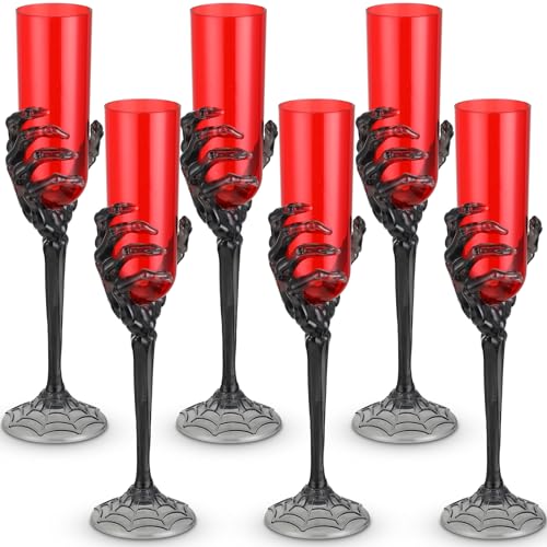 6 Pack Halloween Skeleton Hand Goblets - Black & Red Plastic Cups, 4.6 oz
