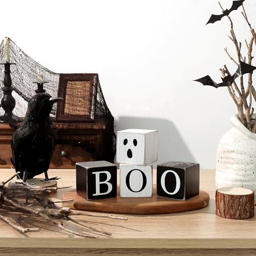 Halloween Table Decorations 4-Pack Farmhouse Ghost Sign Set - Indoor Tiered Tray Decor