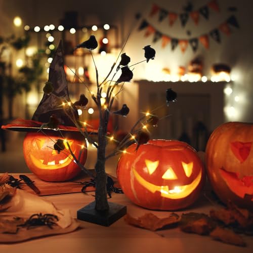 Halloween Tree & Bird Decoration Set with LED Lights - Black, 13 Pieces