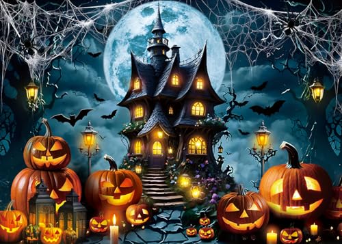 Halloween Horror Castle Backdrop 7x5FT Full Moon Night Pumpkin Lantern Bats Web Scene