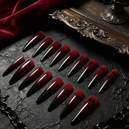 BABALAL Extra Long Stiletto Fake Nails - Vampire Blood Red & Black Gradient Gothic Halloween 30Pcs - Variation BNDa01-06