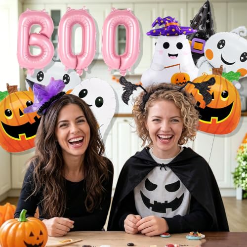 Halloween Foil Balloons Set with Ghost Pumpkin Witch Hat Pink Boo Decorations