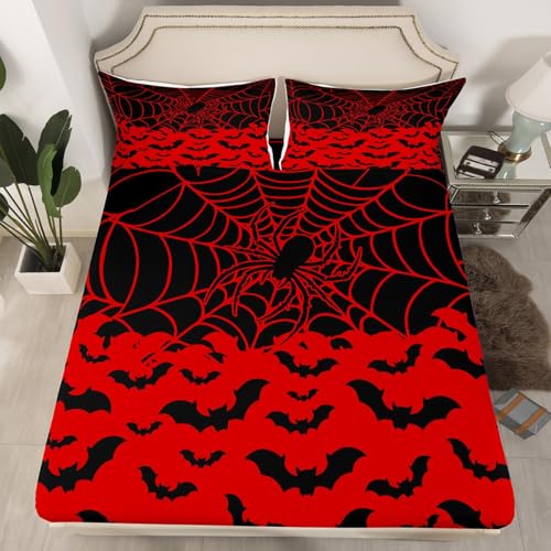 Halloween Bat Bed Sheets Queen Size Bed Set - Kids Boys Girls Spooky Web Design, No Flat Sheet - Halloween 05