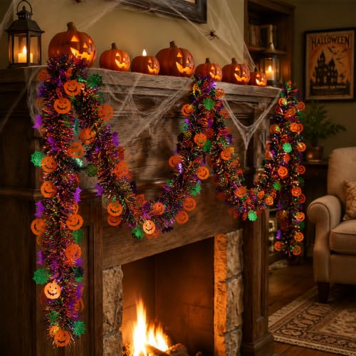 50ft Halloween Tinsel Garland with Orange Pumpkins & Bats - Indoor Outdoor Decor Variation of THIS listing