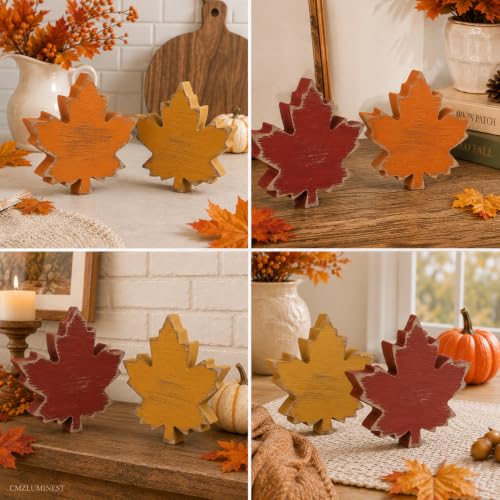 Fall Wooden Leaf Decorations Set - 6pcs Rustic Autumn Home Decor