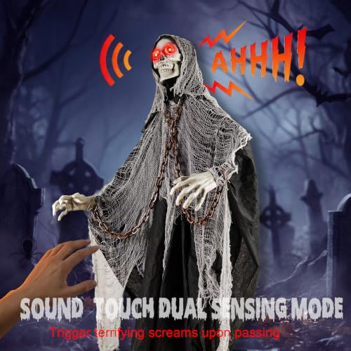 Gray Halloween Skeleton with LED Red Glowing Eyes, Sound & Touch Activated Motion, Body Swaying, Adjustable Arms, 71-Inch