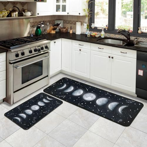Moon Phase Kitchen Rugs Set 2 Pieces Black Non-Skid Mat & Runner - Variation Moon-2