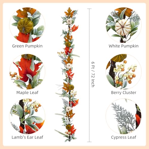Autumn Fall Garland for Mantel 6ft Pumpkin & Maple Leaf Decor Indoor Outdoor