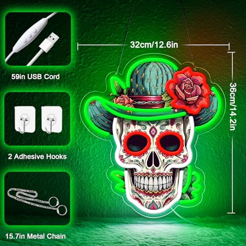 Green Dia De Los Muertos Sugar Skull Neon Sign - Vibrant Day of the Dead Decor