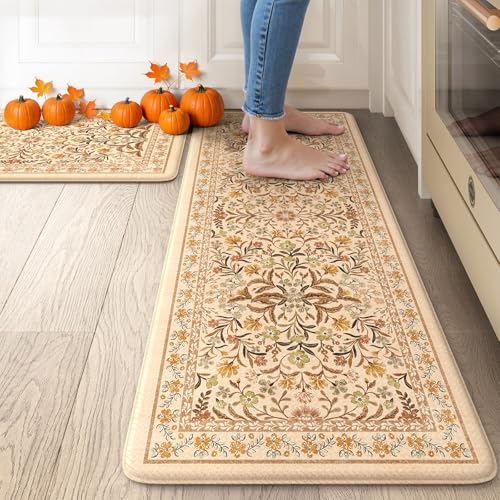 Anti-Fatigue Kitchen Mat with Fall Floral Pattern - Orange 17.3x47 + 17.3x29 Inches