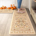 Anti-Fatigue Kitchen Mat with Fall Floral Pattern - Orange 17.3x47 + 17.3x29 Inches