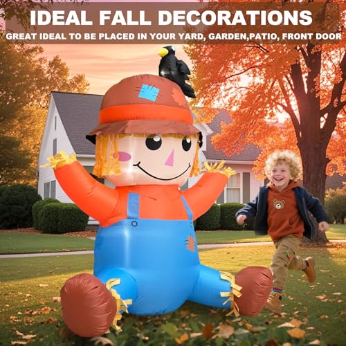 4FT Fall Thanksgiving Inflatable with LED Lights - Scarecrow & Crow Decoration