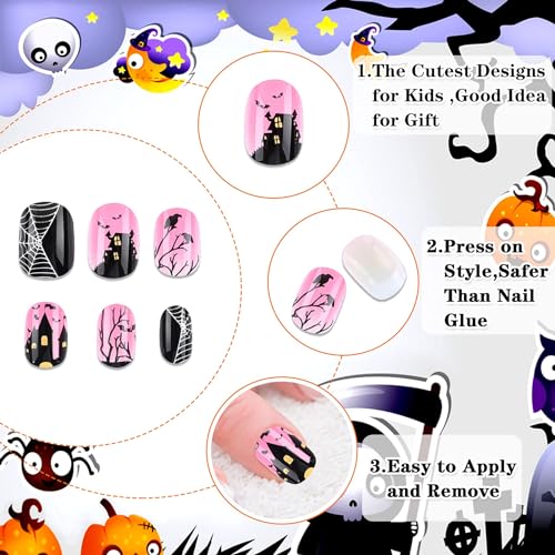 Halloween Kids False Nails Short Press-On Set - Bat Pumpkin Skull Web Theme