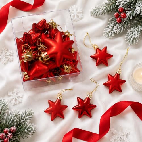 Red 1.8 Inch Christmas Star Ornaments - 12 Pack Lightweight & Durable Holiday Decor