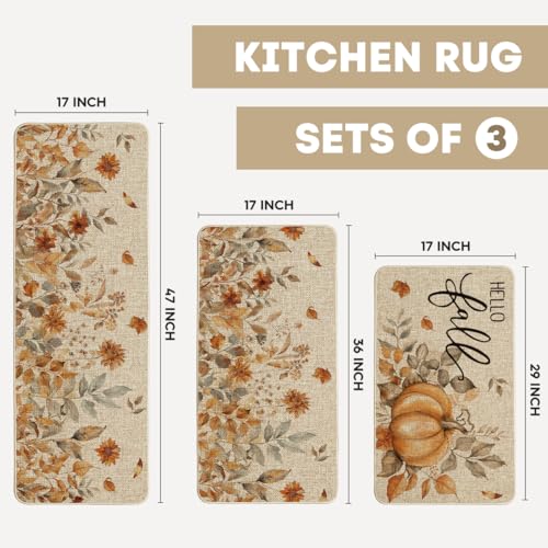 Hello Fall Kitchen Mat Set of 3 - 17x29, 17x36, 17x47 Inches, Beige