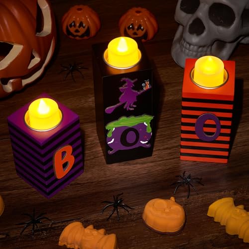 Halloween Wood Candle Holders Set - 3PCS with LED Tea Lights & 3D Carving - Witch Color