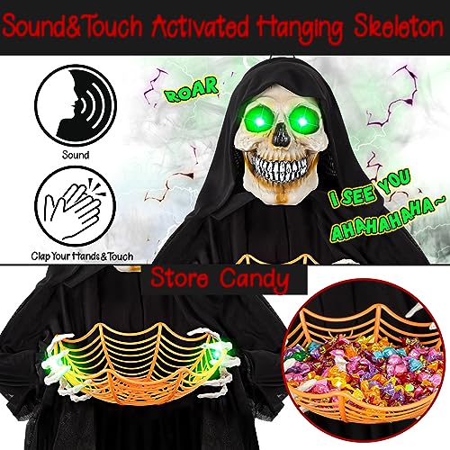 71-Inch Halloween Hanging Skeleton Ghost Decoration with Sound & Glow Eyes
