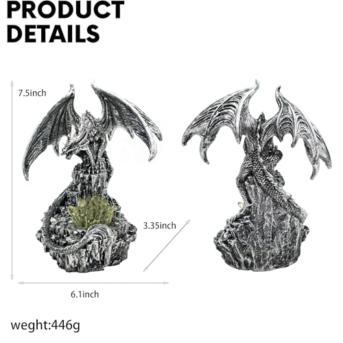 Silver Dragon Guarding Faux Crystal Light Statue with LED Glow - Fantasy Home Decor
