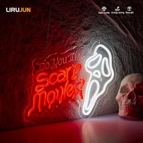 Do You Like Scary Movies Neon Sign - White Read Movie Wall Decor, Horror Theme