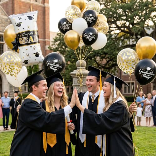 Black Gold White Graduation Balloons Set 60 Pcs for Party Decorations