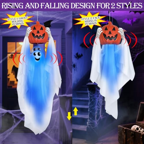Sound Activated Halloween Hanging Ghost with Pumpkin - 43 Inch Spooky Animatronic Decor