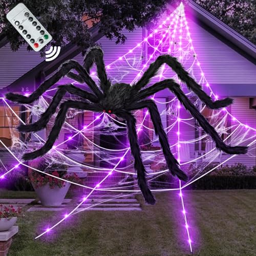 Purple Halloween Spider Web Light Decorations with 59-Inch Giant Spider