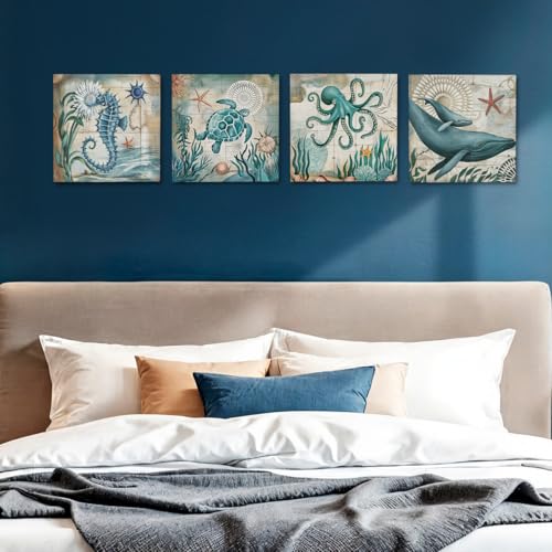 Beach Wall Art Set - Ocean Sea Turtle Octopus Canvas Pictures, Variation Ocean 02