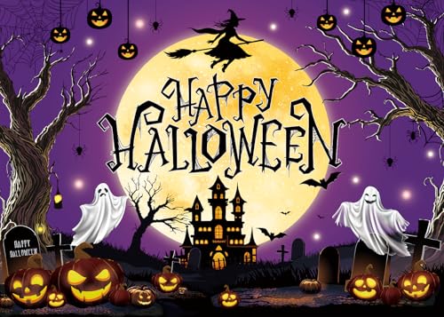 Halloween Backdrop Purple Moon Night Witch Castle Pumpkin Graveyard 8x6FT - Kids & Adults Party Decoration