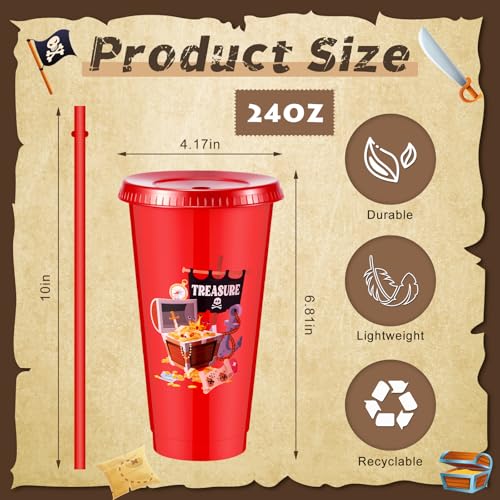 Pirate Cups 24 oz with Lids & Straws - 12 Pack Pirate Party Favors
