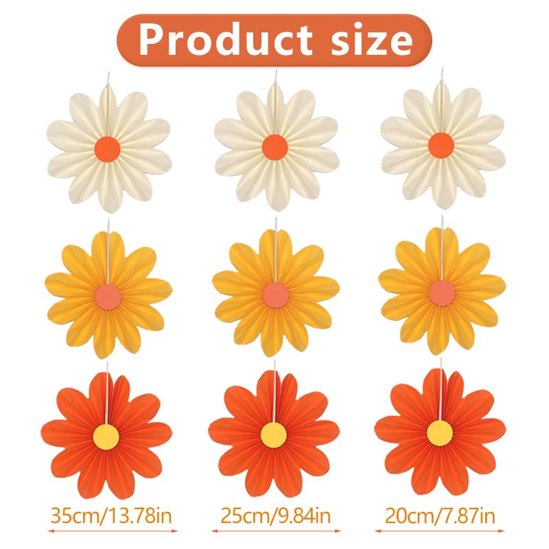 9 Pack Paper Fan Decorations with Orange Flowers for Parties & Holidays