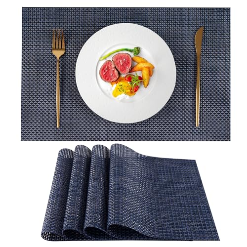 Blue & Brown Woven Plastic Vinyl Placemats Set of 4 - Heat-Resistant, Anti-Slip Table Mats