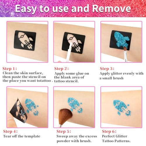 Kids Glitter Tattoo Kit - 38 Colors, Fluorescent & Glitter, Stencils & Accessories
