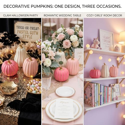 White Pink Gold Pumpkin Decor Set - 3 Resin Fall Figurines with Gold Trim & Metallic Stems - Variation of THIS listing
