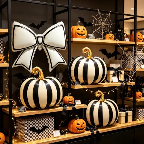 Black White Halloween Foil Balloon Set with Matte Bow & Striped Pumpkins