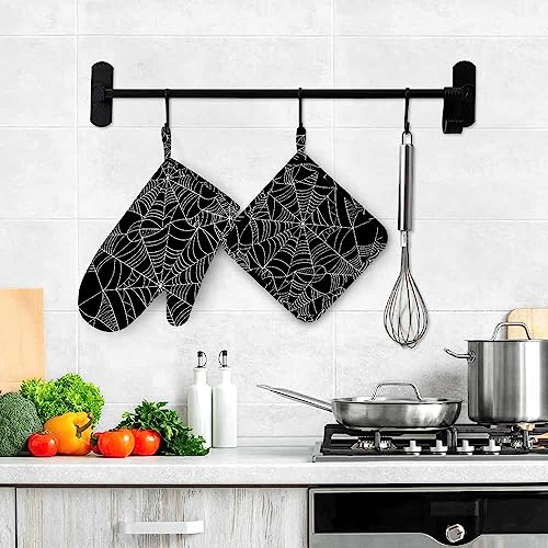 Halloween Spider Web Oven Mitts and Pot Holders Set - Black & White, Heat Resistant Silicone Kitchen Gloves