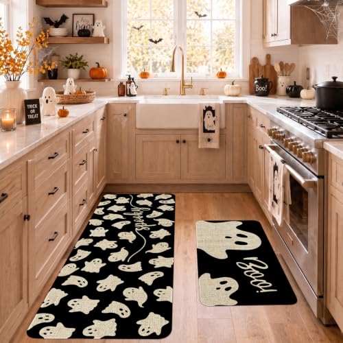 Halloween Kitchen Mat Set of 2 - Ghost Boo Black Halloween Rugs with Variation