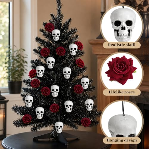 Gothic Halloween Tree Decorations 24Pcs Skull & Rose Hanging Ornaments