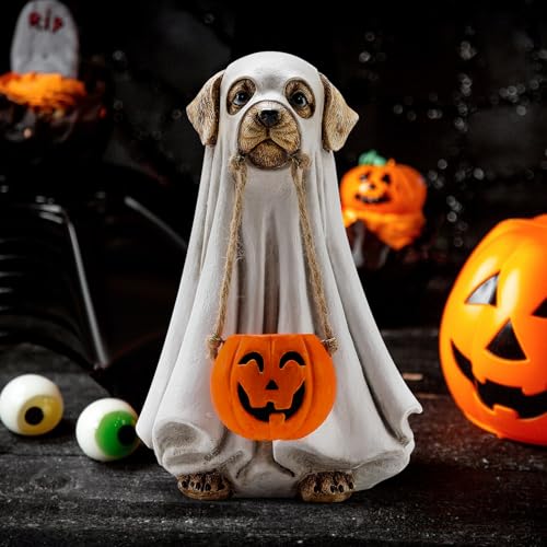 Halloween Ghost Dog Decoration - Cute Dog Holding Pumpkin Statue for Festive Decor - Variation of Dog