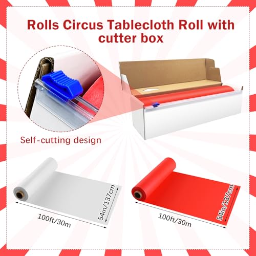 Circus Carnival Tablecloth Rolls - 54 Inch x 100 Feet Red & White Disposable Plastic Party Coverings
