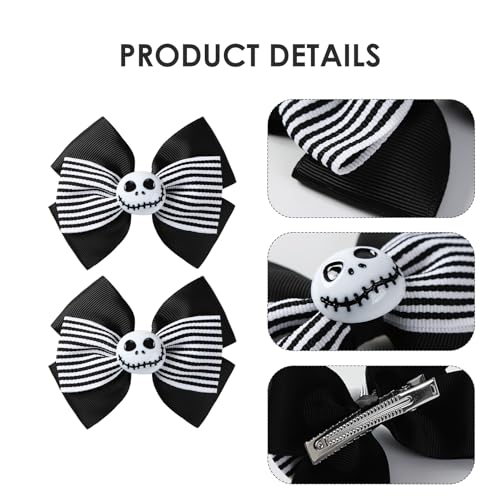 Nuolich Black & White Ghost Skull Hair Bow Clips - Halloween & Christmas Accessories
