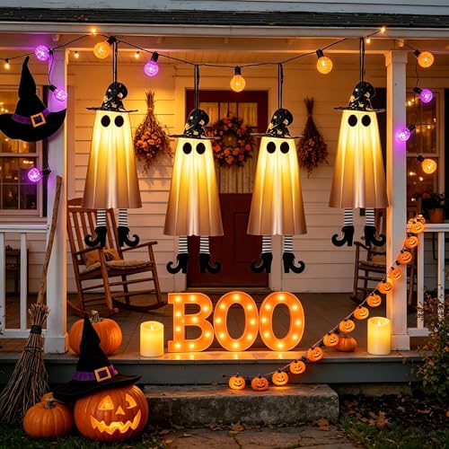 Halloween Ghost Decorations Set with Lighted Hanging Witches Hats - Outdoor Indoor Spooky Yard Decor