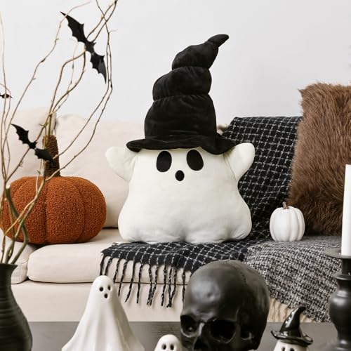Cute Ghost Halloween Throw Pillow - Plush White Cushion with Black Hat for Indoor Decor