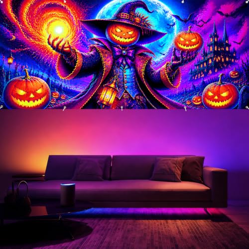 7x16 ft Halloween Garage Door Banner - Blacklight Glow-in-The-Dark Pumpkin Wizard Scene - Outdoor Party Decor - Variation 278
